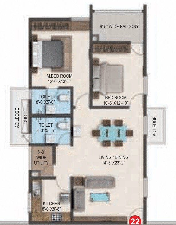 Floor plan of 2 BHK 1451 Sq. Ft. Apartment in SMR Vinay Boulder Woods, Hyderabad