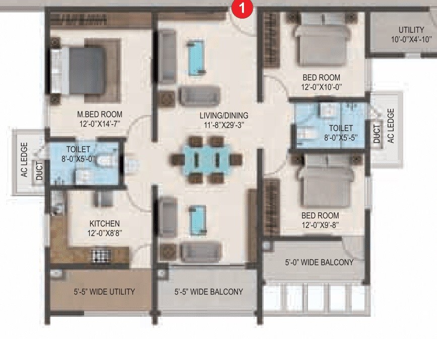 Floor plan of 3 BHK 1741 Sq. Ft. Apartment in SMR Vinay Boulder Woods, Hyderabad