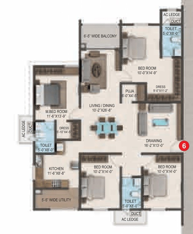 Floor plan of 4 BHK 2461 Sq. Ft. Apartment in SMR Vinay Boulder Woods, Hyderabad