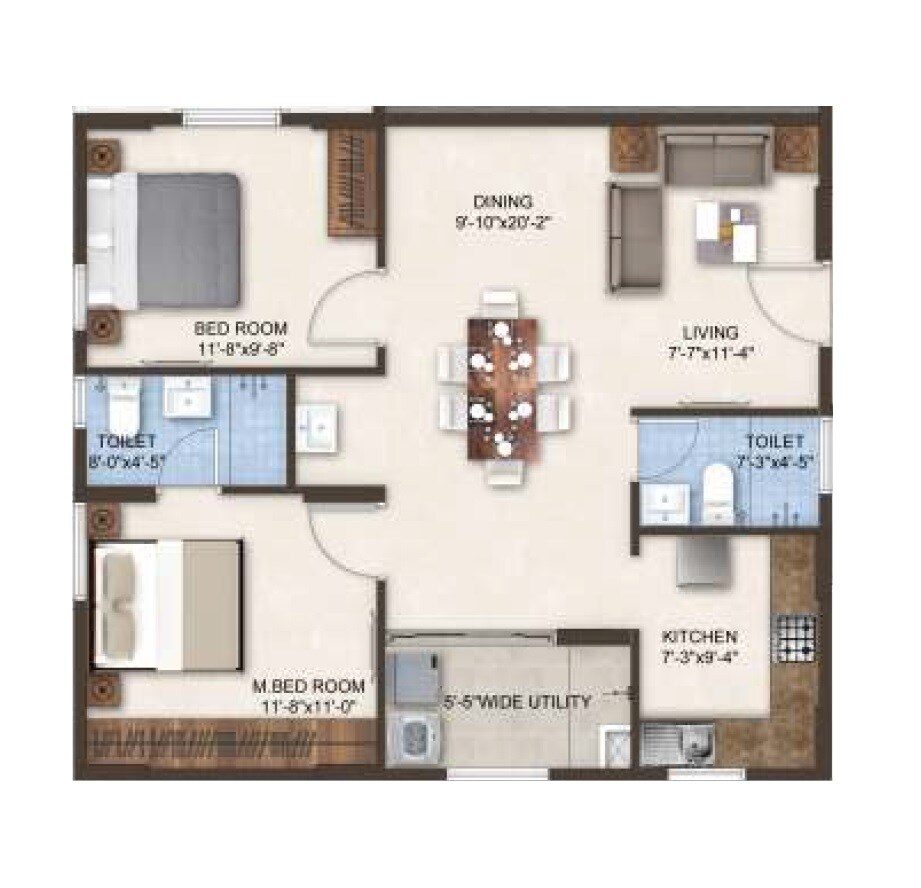 Floor plan of 2 BHK 1120 Sq. Ft. Apartment in SMR Vinay Heights, Hyderabad