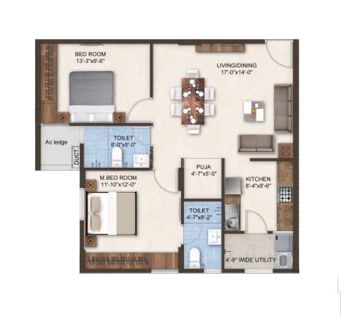 Floor plan of 2 BHK 1190 Sq. Ft. Apartment in SMR Vinay Heights, Hyderabad