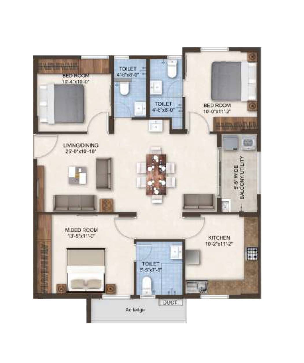 Floor plan of 3 BHK 1590 Sq. Ft. Apartment in SMR Vinay Heights, Hyderabad