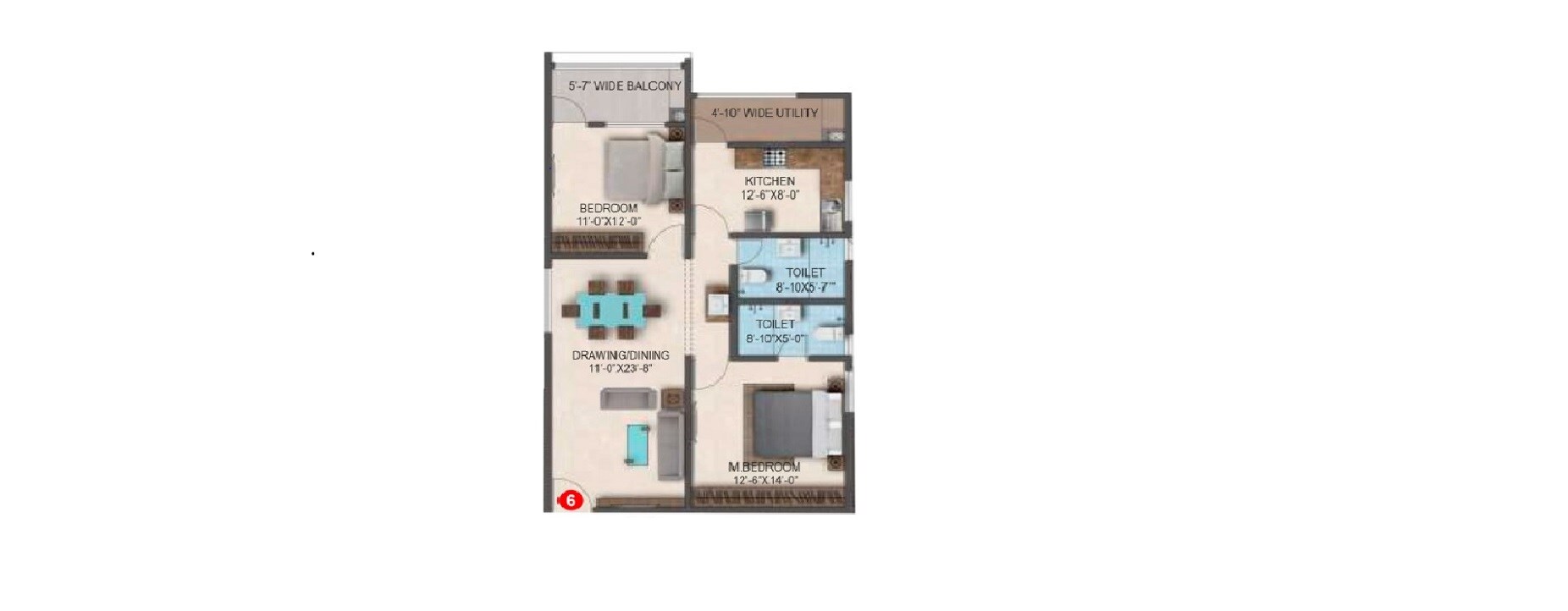 Floor plan of 2 BHK 1435 Sq. Ft. Apartment in SMR Vinay Iconia Hyderabad, Hyderabad