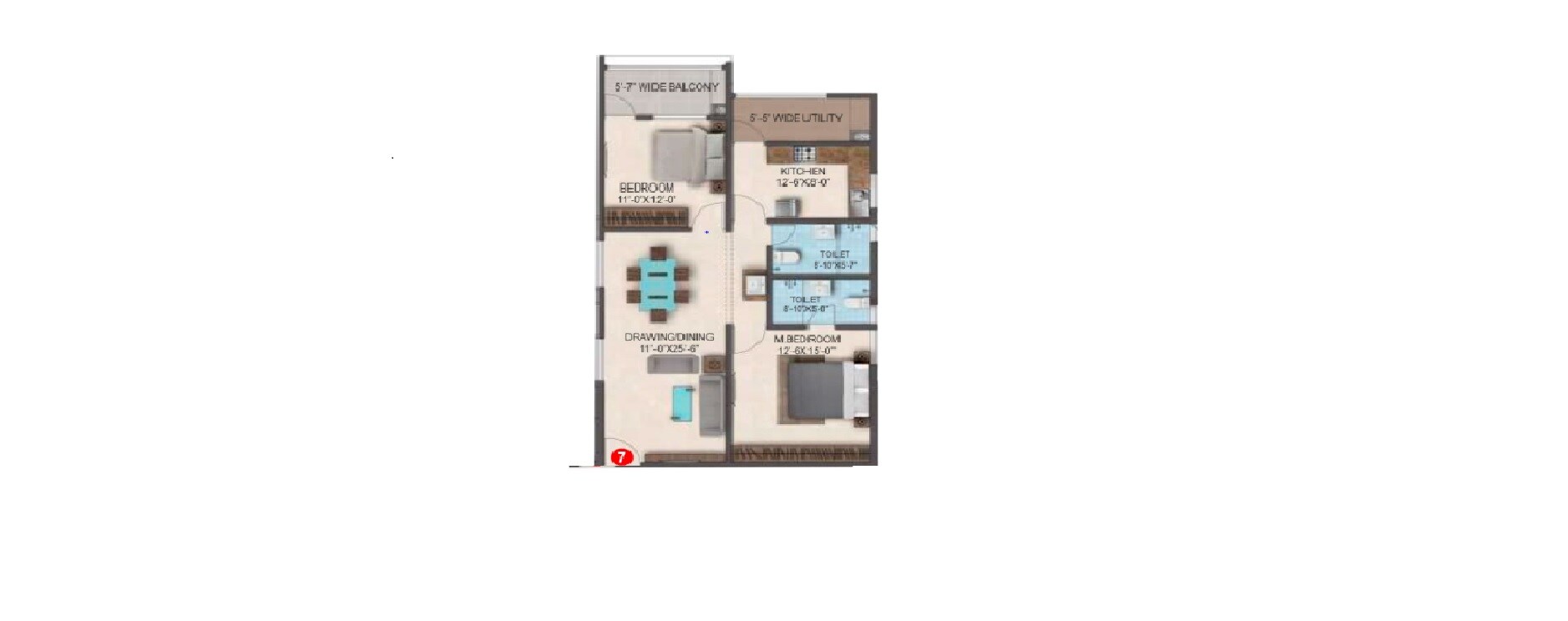 Floor plan of 2 BHK 1495 Sq. Ft. Apartment in SMR Vinay Iconia Hyderabad, Hyderabad