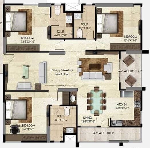 Floor plan of 3 BHK 1956 Sq. Ft. Apartment in SMR Vinay Iconia Phase II, Hyderabad