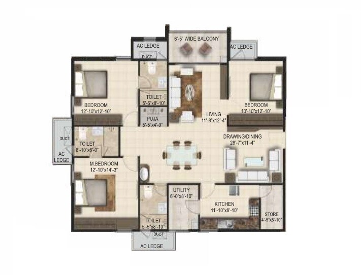 Floor plan of 3 BHK 2140 Sq. Ft. Apartment in SMR Vinay Iconia Phase II, Hyderabad