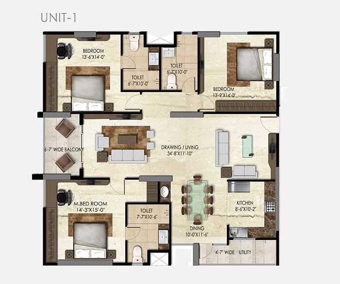 Floor plan of 3 BHK 2367 Sq. Ft. Apartment in SMR Vinay Iconia Phase II, Hyderabad