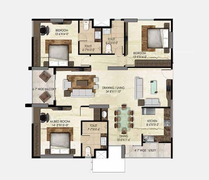 Floor plan of 3 BHK 2390 Sq. Ft. Apartment in SMR Vinay Iconia Phase II, Hyderabad