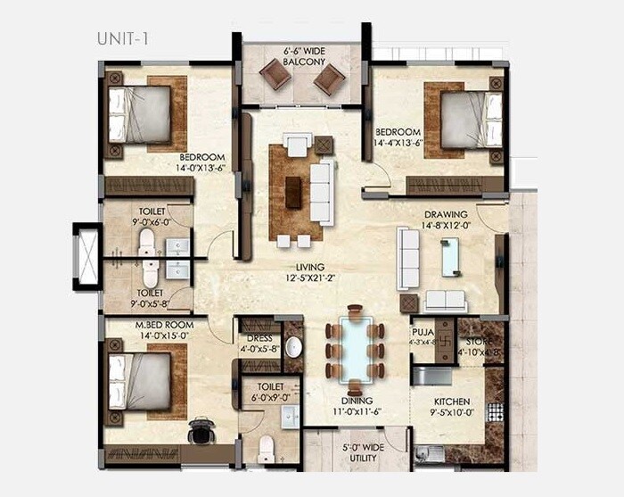 Floor plan of 3 BHK 2410 Sq. Ft. Apartment in SMR Vinay Iconia Phase II, Hyderabad