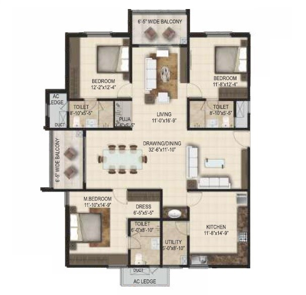 Floor plan of 3 BHK 2440 Sq. Ft. Apartment in SMR Vinay Iconia Phase II, Hyderabad
