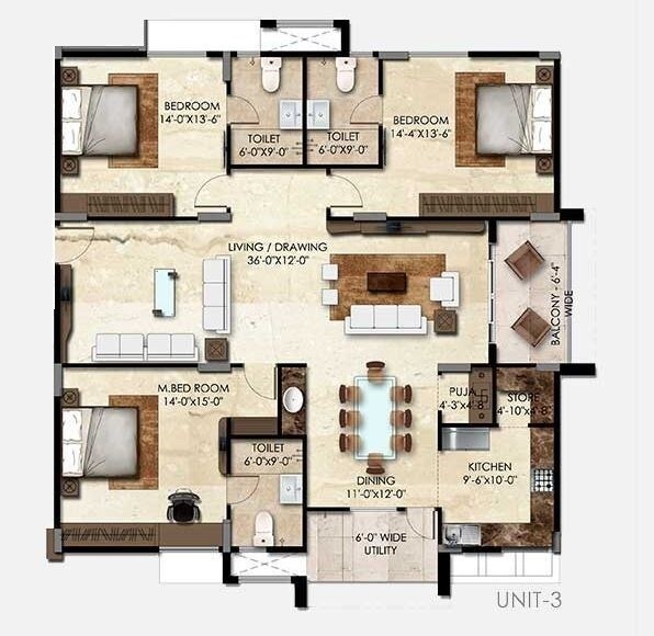 Floor plan of 3 BHK 2445 Sq. Ft. Apartment in SMR Vinay Iconia Phase II, Hyderabad