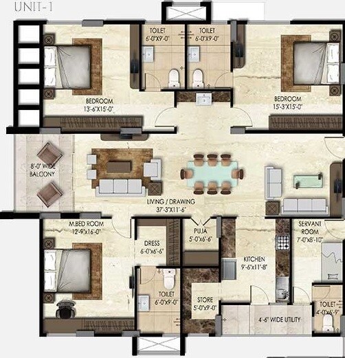 Floor plan of 3 BHK 2531 Sq. Ft. Apartment in SMR Vinay Iconia Phase II, Hyderabad