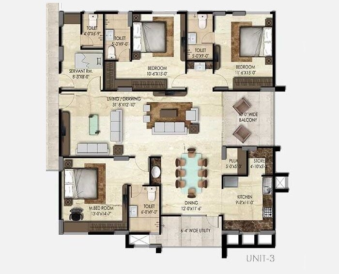 Floor plan of 3 BHK 2540 Sq. Ft. Apartment in SMR Vinay Iconia Phase II, Hyderabad