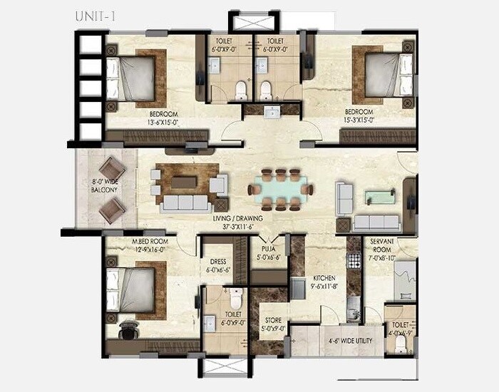 Floor plan of 3 BHK 2550 Sq. Ft. Apartment in SMR Vinay Iconia Phase II, Hyderabad