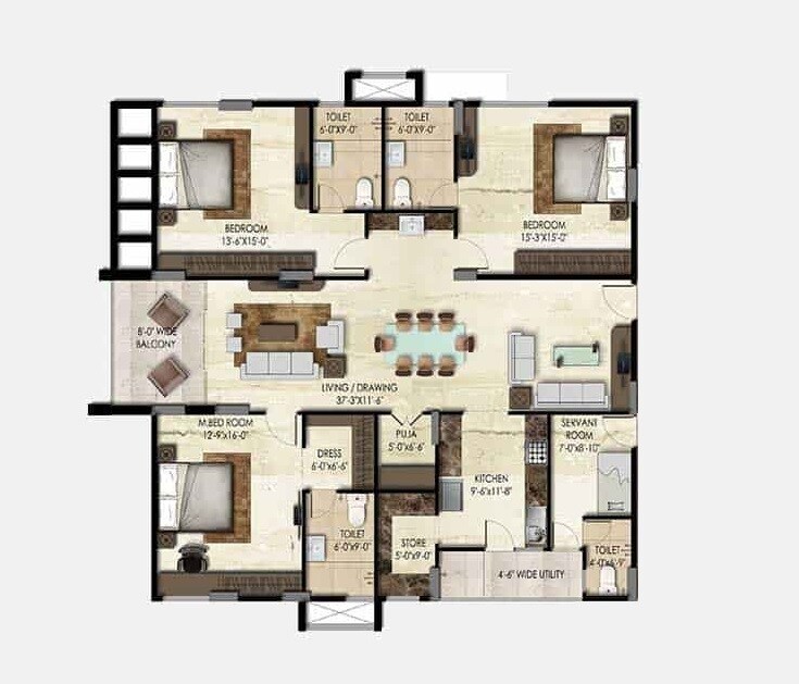 Floor plan of 3 BHK 2575 Sq. Ft. Apartment in SMR Vinay Iconia Phase II, Hyderabad
