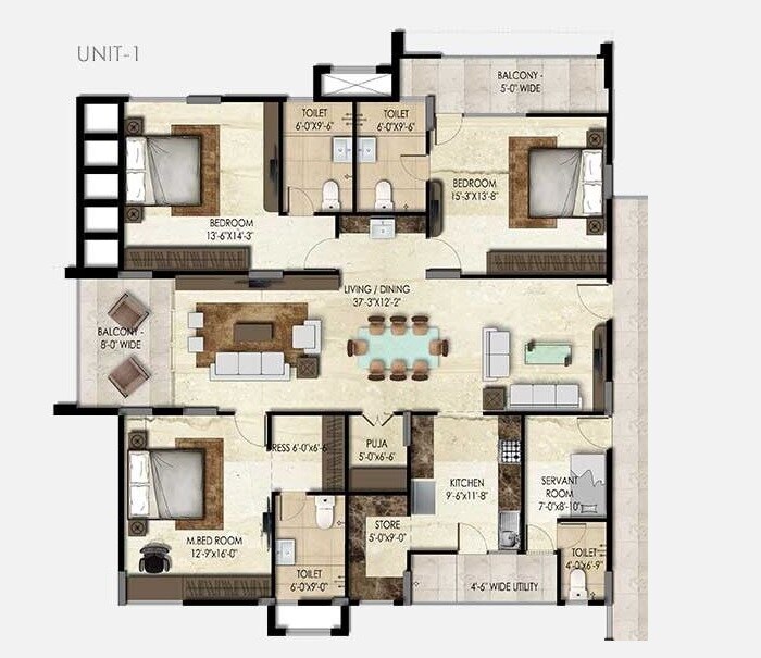 Floor plan of 3 BHK 2585 Sq. Ft. Apartment in SMR Vinay Iconia Phase II, Hyderabad