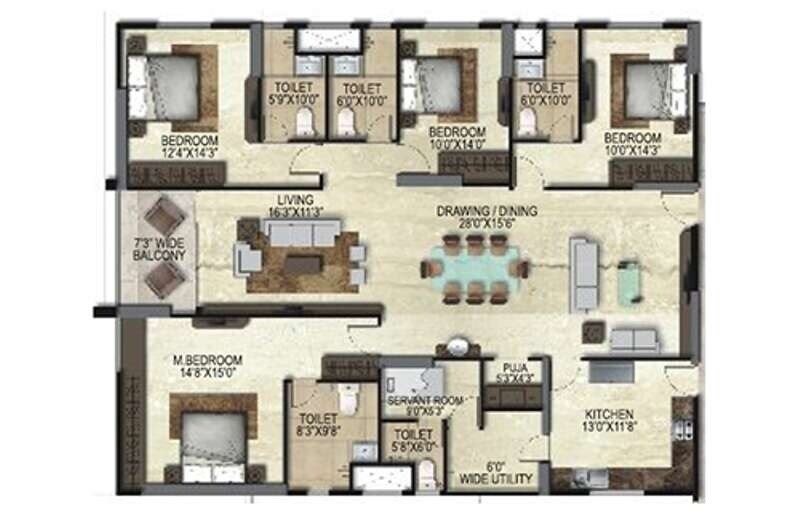 Floor plan of 4 BHK 2720 Sq. Ft. Apartment in SMR Vinay Iconia Phase II, Hyderabad