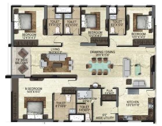 Floor plan of 4 BHK 2925 Sq. Ft. Apartment in SMR Vinay Iconia Phase II, Hyderabad