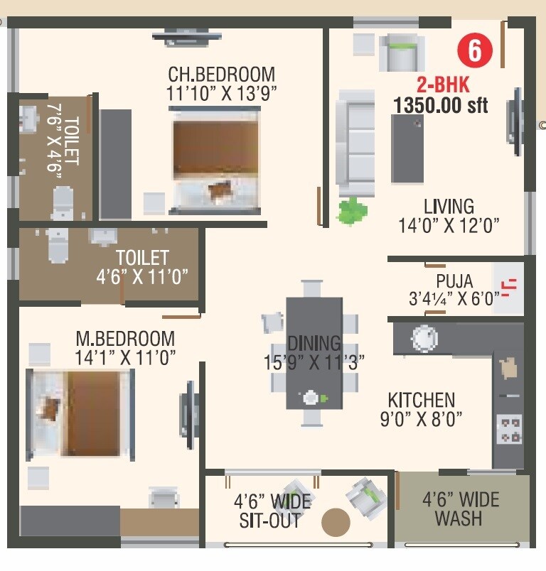 Floor plan of 2 BHK 1350 Sq. Ft. Apartment in SNR Sri Sri Kala Kuteers, Hyderabad