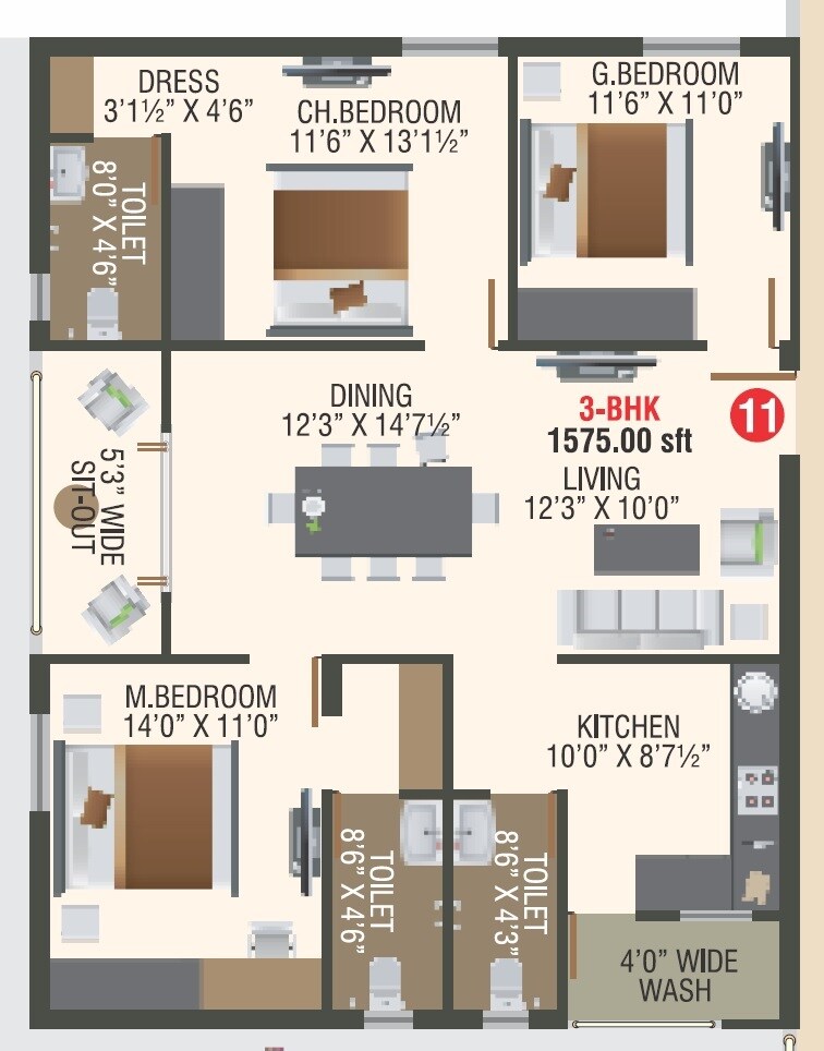 Floor plan of 3 BHK 1575 Sq. Ft. Apartment in SNR Sri Sri Kala Kuteers, Hyderabad