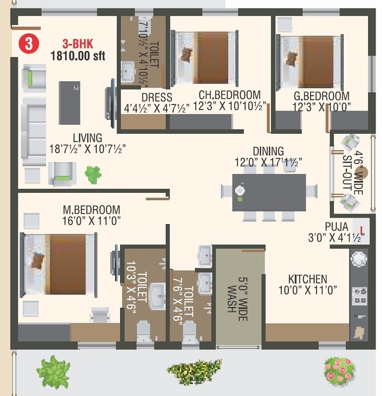 Floor plan of 3 BHK 1810 Sq. Ft. Apartment in SNR Sri Sri Kala Kuteers, Hyderabad