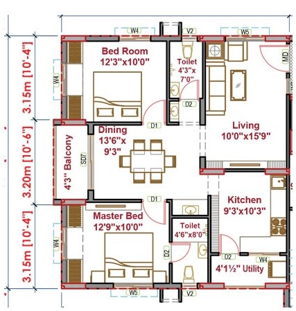 Floor plan of 2 BHK 1150 Sq. Ft. Apartment in SNR The Elite, Hyderabad