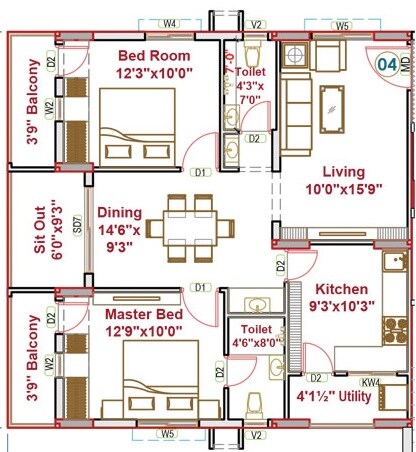 Floor plan of 2 BHK 1290 Sq. Ft. Apartment in SNR The Elite, Hyderabad