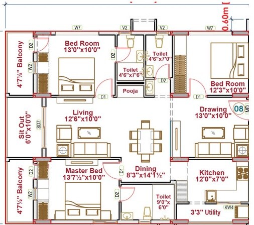 Floor plan of 3 BHK 1725 Sq. Ft. Apartment in SNR The Elite, Hyderabad