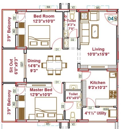 Floor plan of 3 BHK 1890 Sq. Ft. Apartment in SNR The Elite, Hyderabad