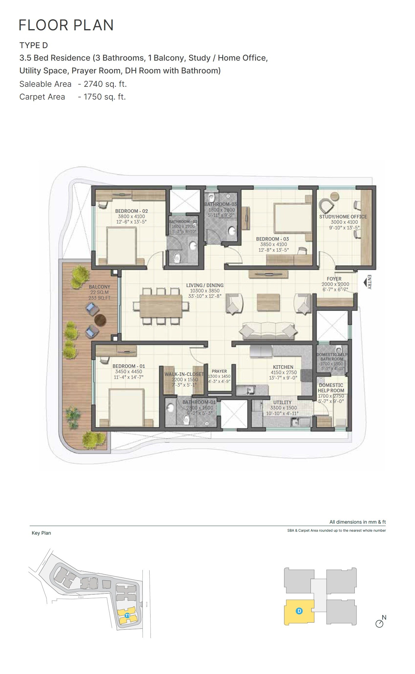 Floor plan of 3 BHK 2740 Sq. Ft. Apartment in Sobha Waterfront, Hyderabad