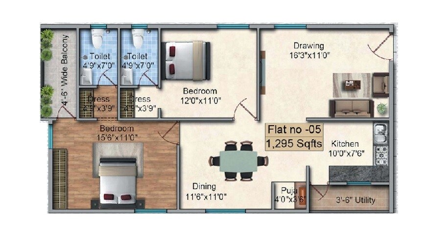2 BHK 1290 Sq. Ft. Apartment