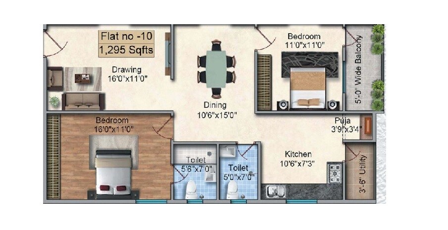 2 BHK 1295 Sq. Ft. Apartment