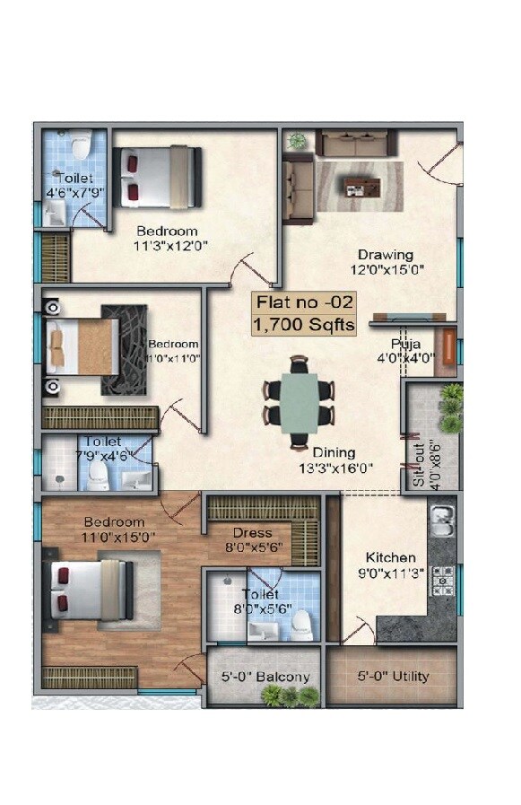 3 BHK 1700 Sq. Ft. Apartment