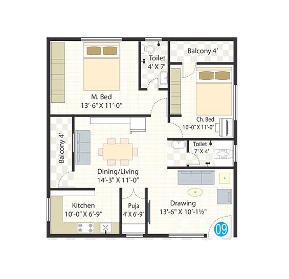 Floor plan of 2 BHK 1073 Sq. Ft. Apartment in Spectra Metro Heights, Hyderabad