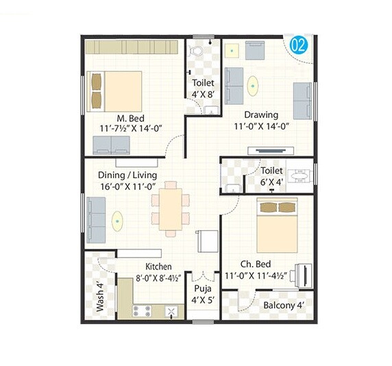 Floor plan of 2 BHK 1236 Sq. Ft. Apartment in Spectra Metro Heights, Hyderabad