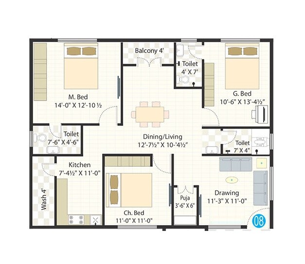 Floor plan of 3 BHK 1563 Sq. Ft. Apartment in Spectra Metro Heights, Hyderabad