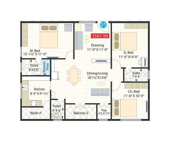 Floor plan of 3 BHK 1567 Sq. Ft. Apartment in Spectra Metro Heights, Hyderabad