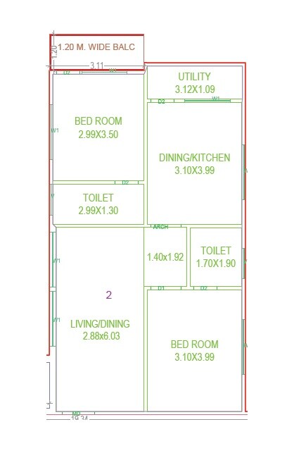 Floor plan of 2 BHK 1165 Sq. Ft. Apartment in Spire RR Heritance, Hyderabad