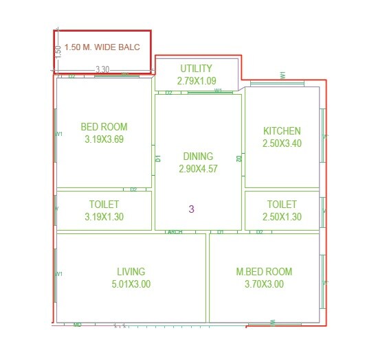 Floor plan of 2 BHK 1240 Sq. Ft. Apartment in Spire RR Heritance, Hyderabad