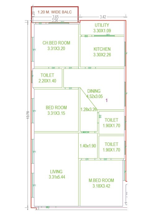 Floor plan of 3 BHK 1565 Sq. Ft. Apartment in Spire RR Heritance, Hyderabad