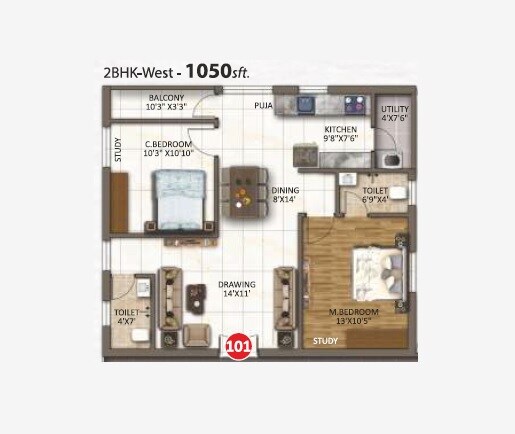 Floor plan of 2 BHK 1050 Sq. Ft. Apartment in SPJV Sri P Chenna Ramulus Mahaan, Hyderabad