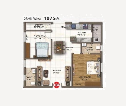 Floor plan of 2 BHK 1075 Sq. Ft. Apartment in SPJV Sri P Chenna Ramulus Mahaan, Hyderabad