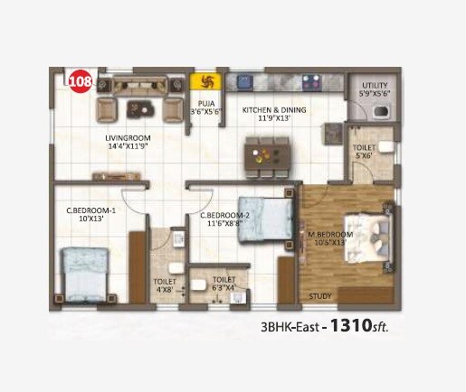 Floor plan of 3 BHK 1310 Sq. Ft. Apartment in SPJV Sri P Chenna Ramulus Mahaan, Hyderabad