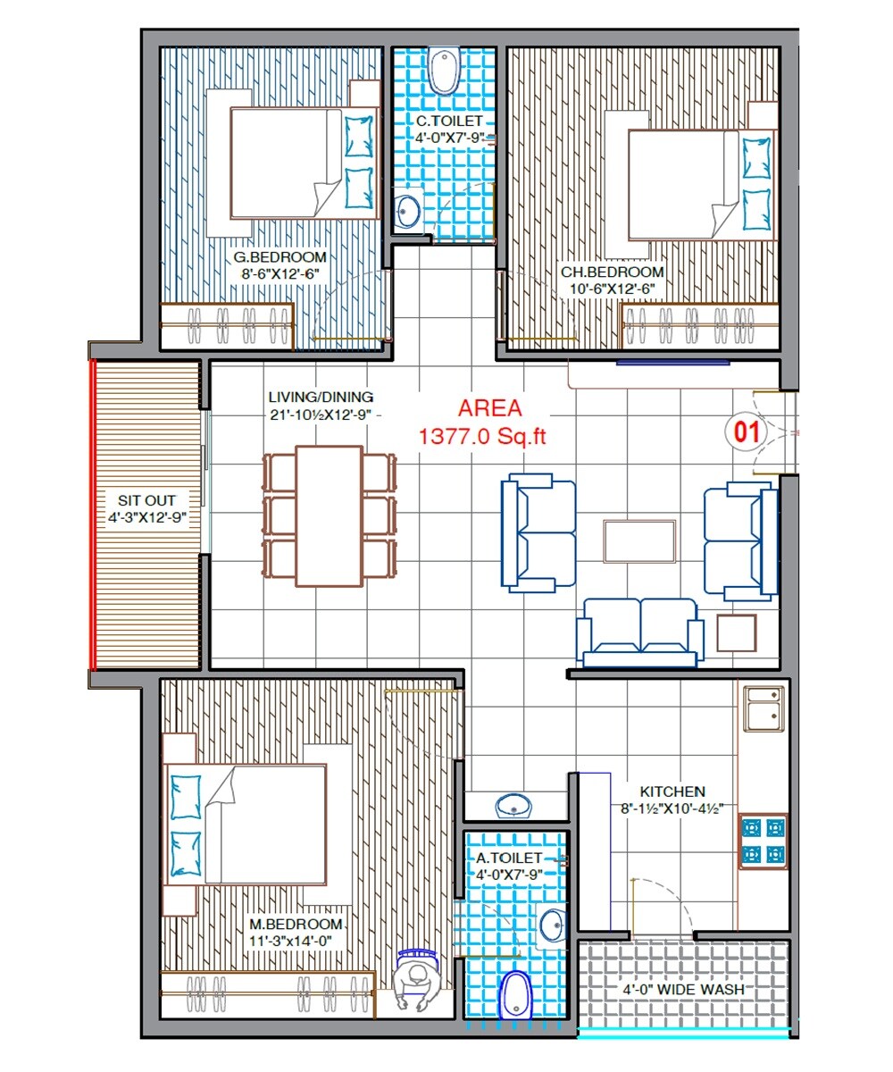 Floor plan of 3 BHK 1377 Sq. Ft. Apartment in SR Arche, Hyderabad
