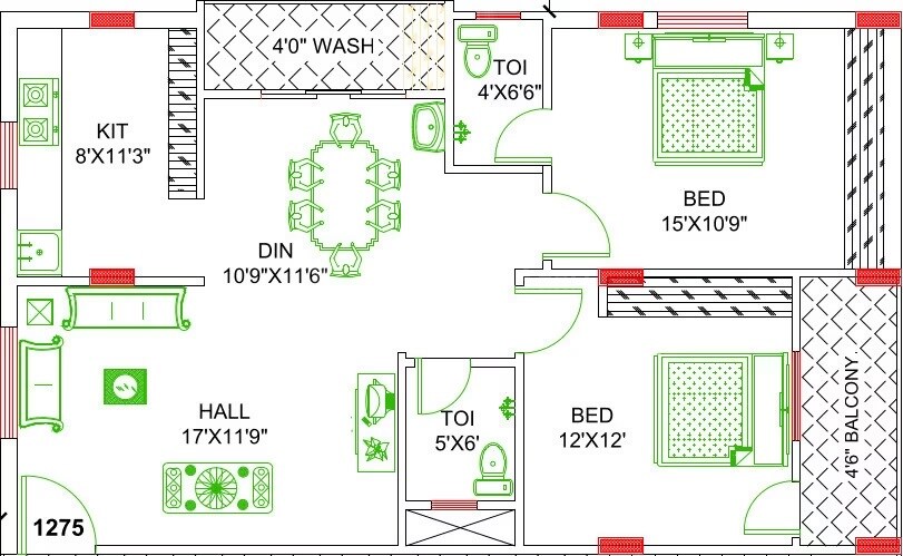 Floor plan of 2 BHK 1275 Sq. Ft. Apartment in SR Homes Madhuri, Hyderabad