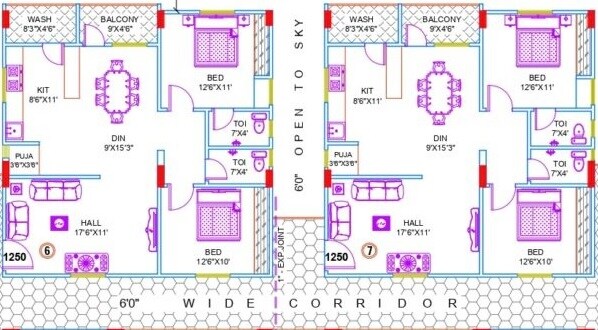 Floor plan of 2 BHK 1250 Sq. Ft. Apartment in SR Homes Vista, Hyderabad
