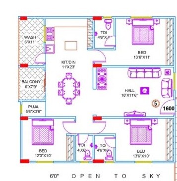 Floor plan of 3 BHK 1600 Sq. Ft. Apartment in SR Homes Vista, Hyderabad