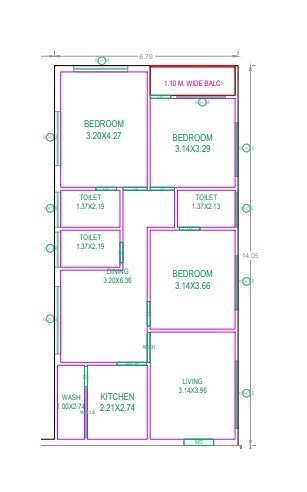 Floor plan of 3 BHK 1524 Sq. Ft. Apartment in SR Rain Forest, Hyderabad