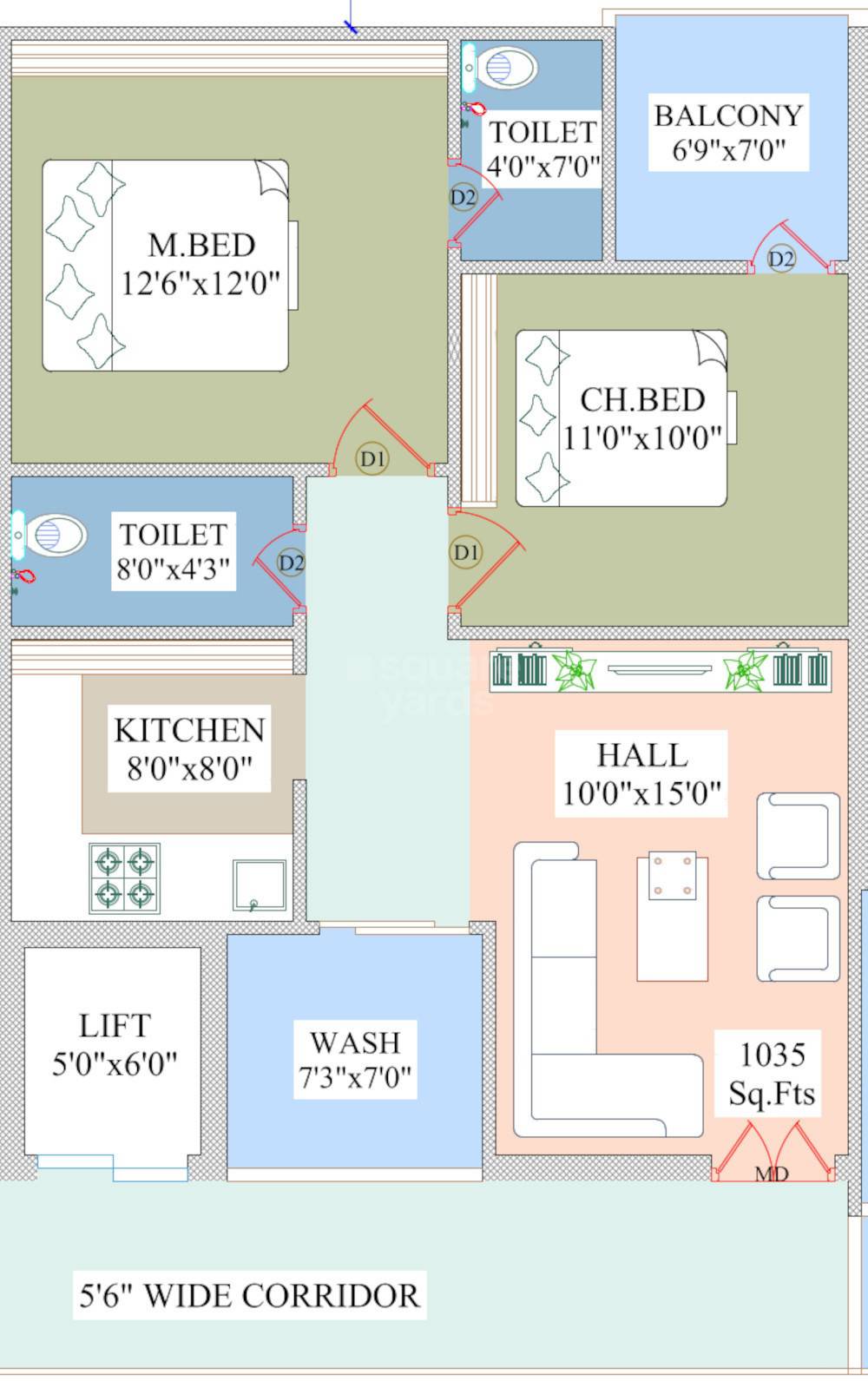 Floor plan of 2 BHK 1035 Sq. Ft. Apartment in SR Teja Residency, Hyderabad