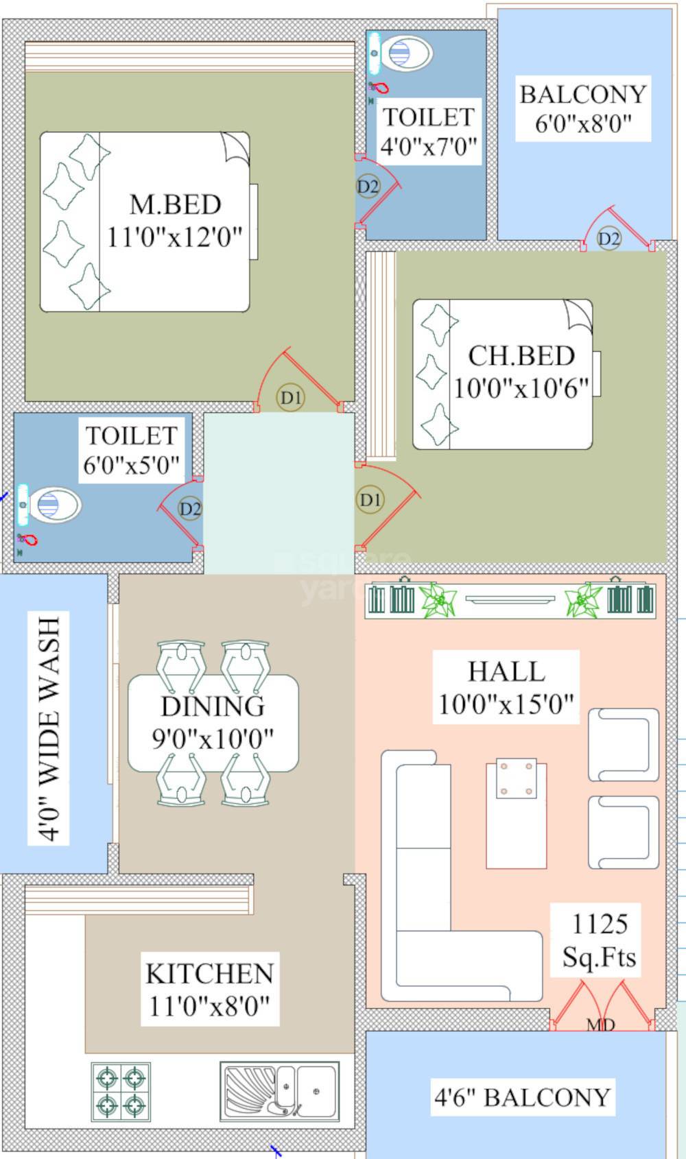 Floor plan of 2 BHK 1125 Sq. Ft. Apartment in SR Teja Residency, Hyderabad